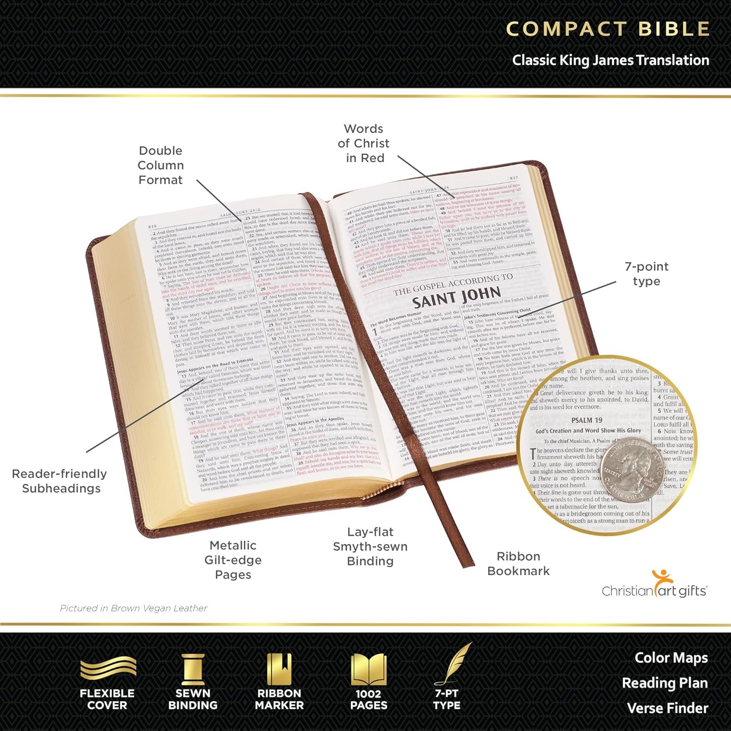 KJV Holy Bible, Compact Faux Leather Red Letter Edition - Ribbon Marker, King James Version, Burgundy/Saddle Tan, Zipper Closure (KJV Compact Bible)