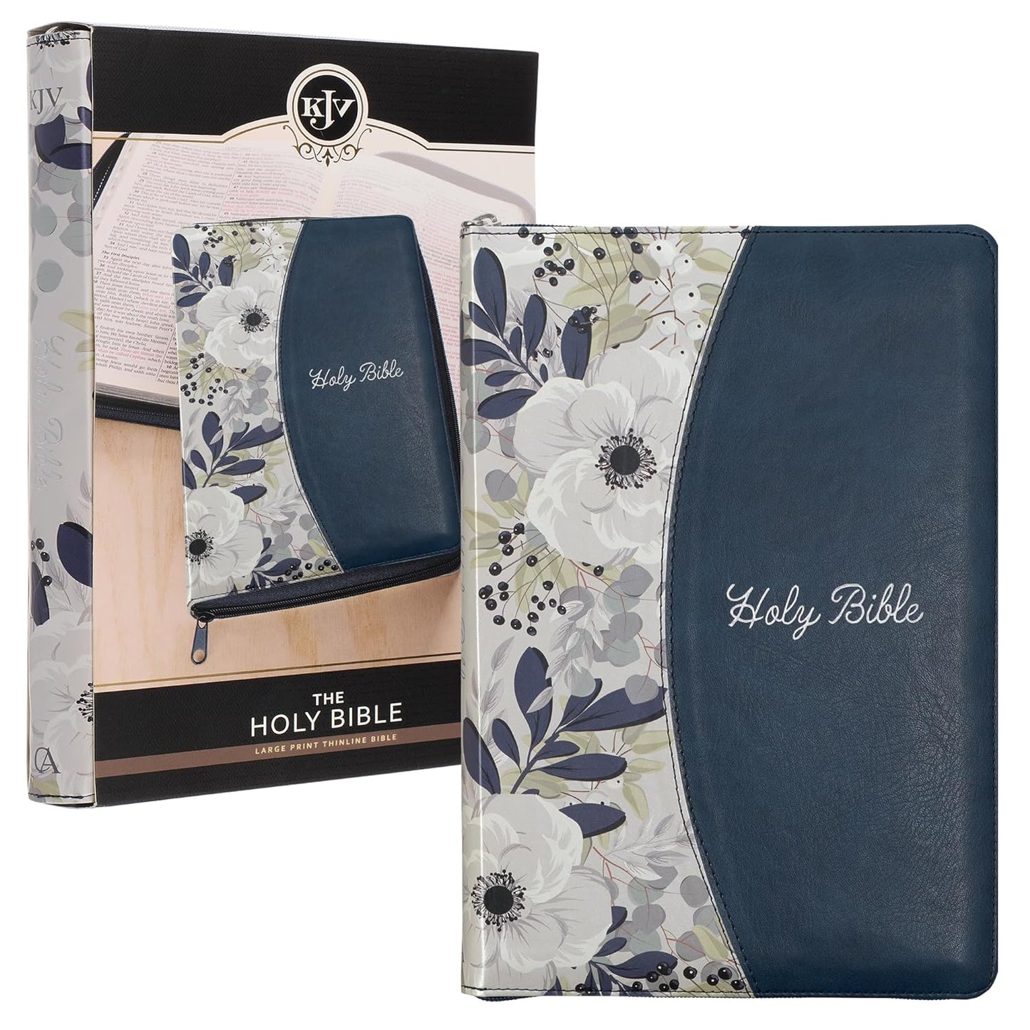 KJV Holy Bible, Thinline Large Print Faux Leather Red Letter Edition Thumb Index Ribbon Marker, King James Version, Blue Printed Floral, Zipper Closure