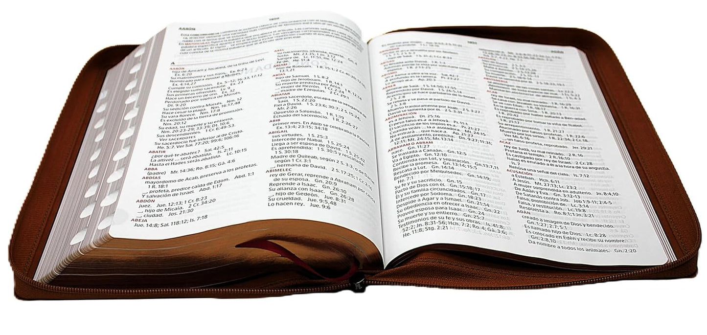 Biblia de Estudio Reina Valera 1960 ArcoIris en nueva letra grande con Cierre Indice Senti Cuero color Cafe con Estuche de proteccion