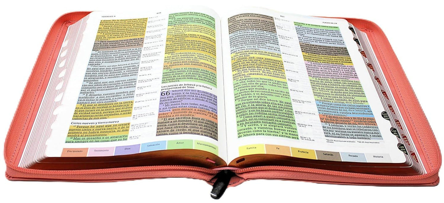 Biblia de Estudio Arco Iris para mujer Reina Valera 1960 con Cierre Indice en color rosado con flores