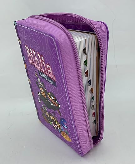 Biblia Para Niñas Mi Gran Viaje RVR, 1960 piel imitacion Morado LILA Con Indice Y Cierre 8.5 puntos