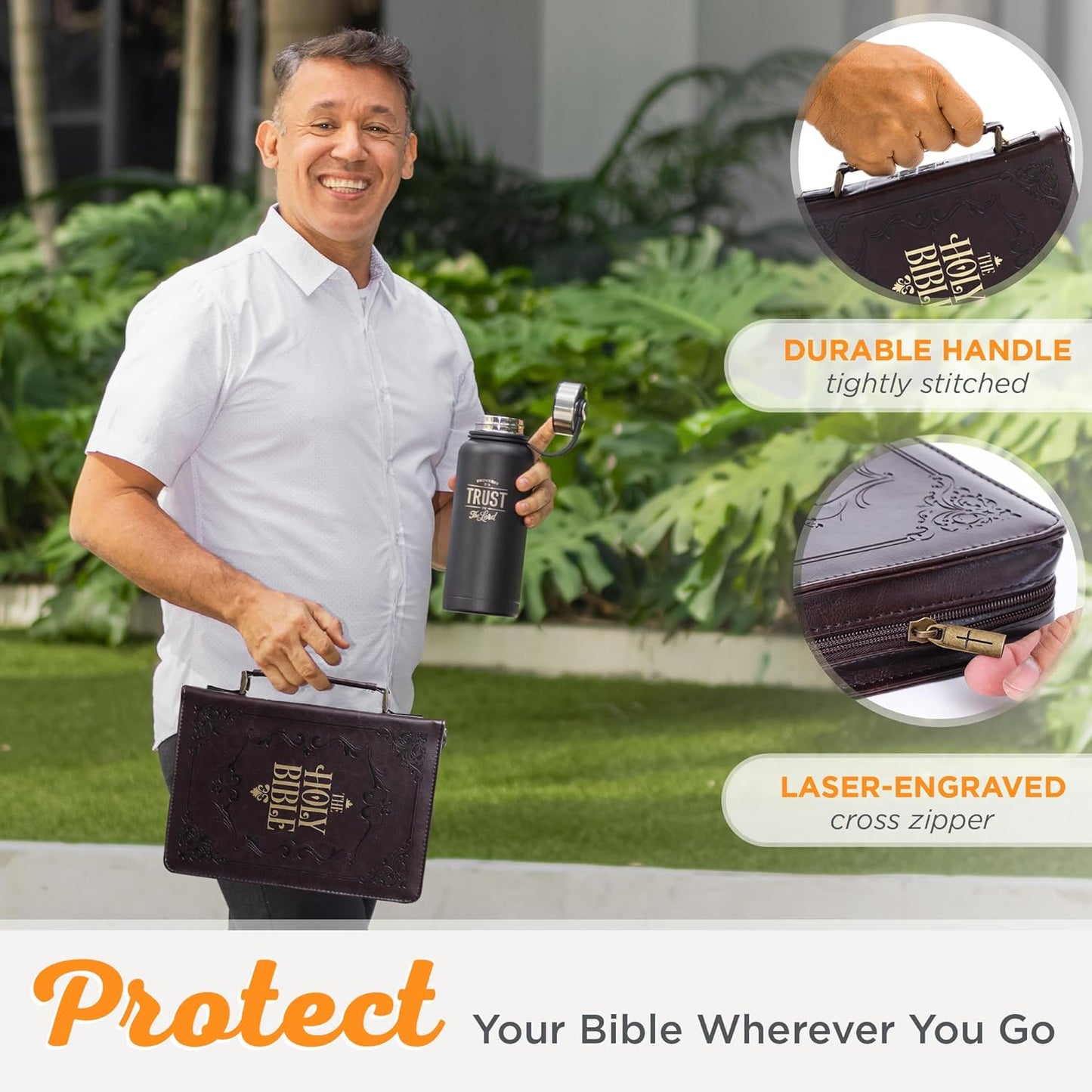 Funda clásica de cuero vegano para la Biblia para hombres y mujeres: Santa Biblia, asa de fácil transporte, con relieve, resistente con trabillas para bolígrafos