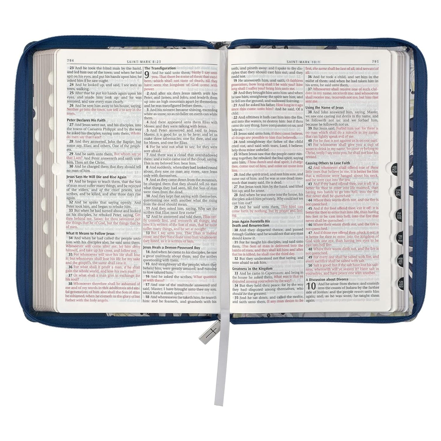 KJV Holy Bible, Thinline Large Print Faux Leather Red Letter Edition Thumb Index Ribbon Marker, King James Version, Blue Printed Floral, Zipper Closure
