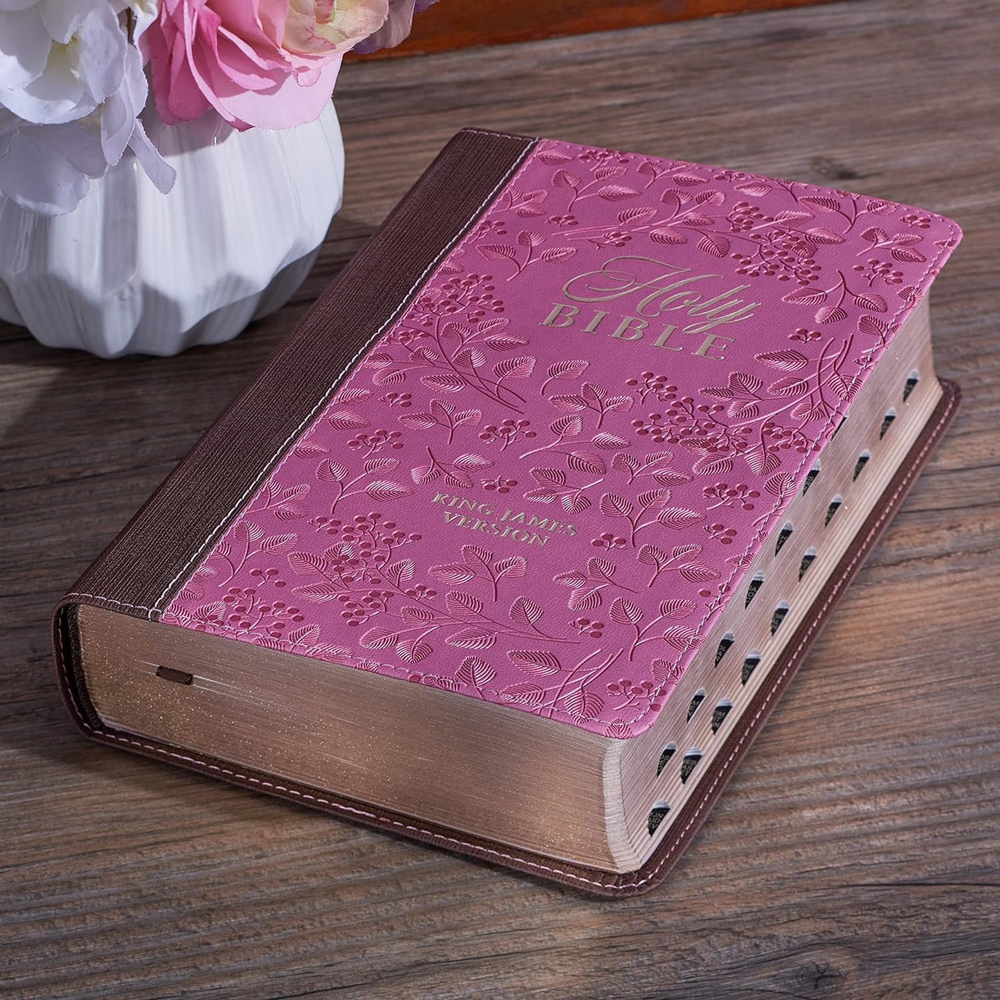 KJV Holy Bible, Giant Print Standard Size Faux Leather Red Letter Edition - Thumb Index & Ribbon Marker, King James Version, Brown/Pink Berry