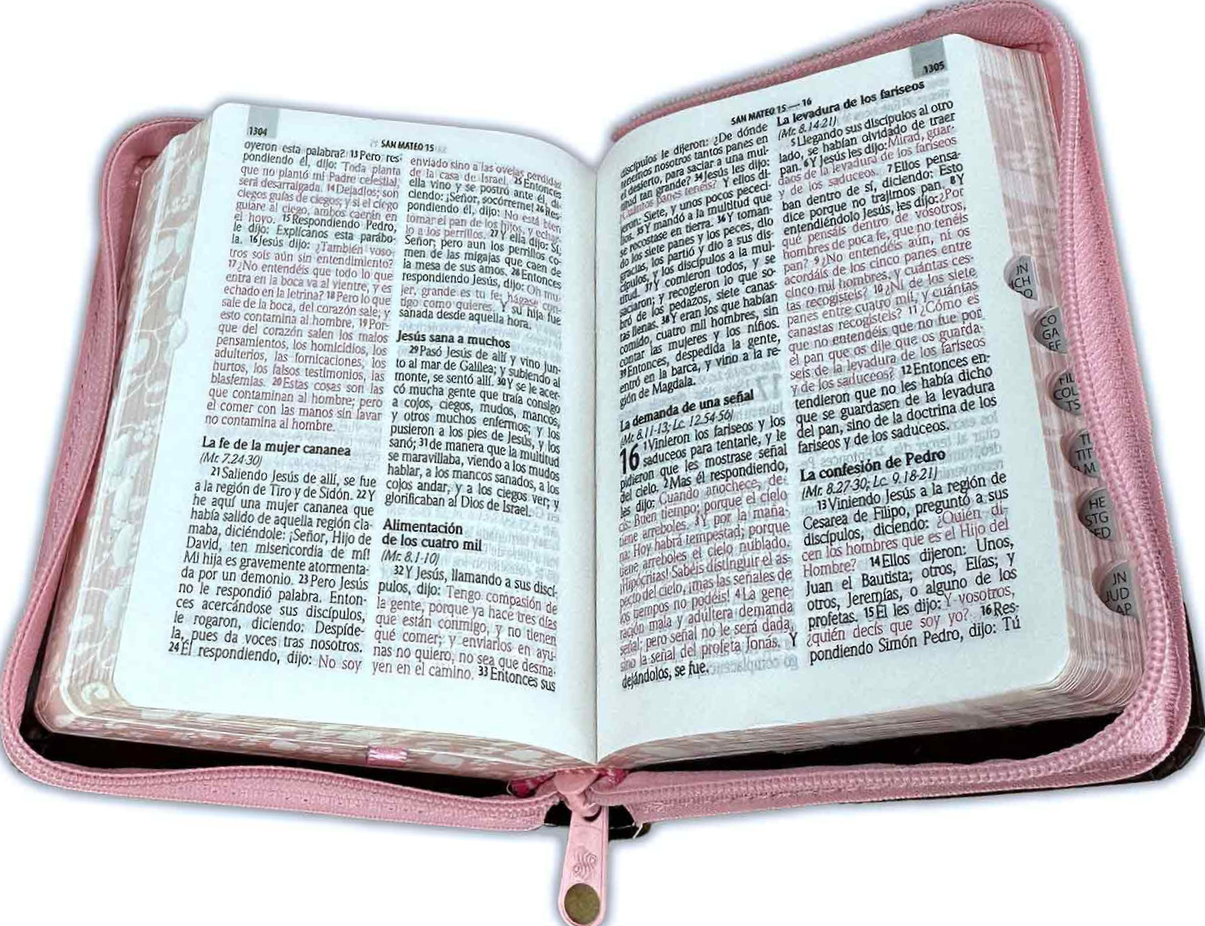 Biblia de Bolsillo con Cierre RV1960 imit piel rosa floral y marrón con índice