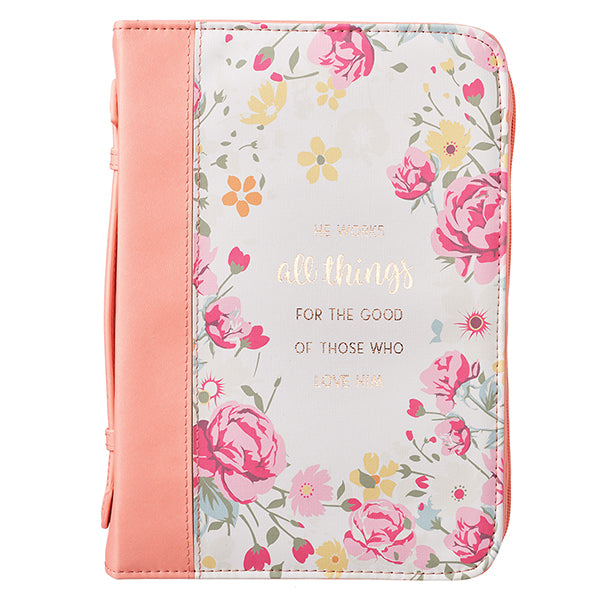 He Works All Things For the Good Bible Cover, LuxLeather, Floral, Medium