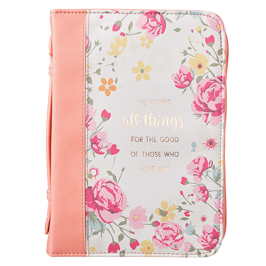 He Works All Things For the Good Bible Cover, LuxLeather, Floral, Medium