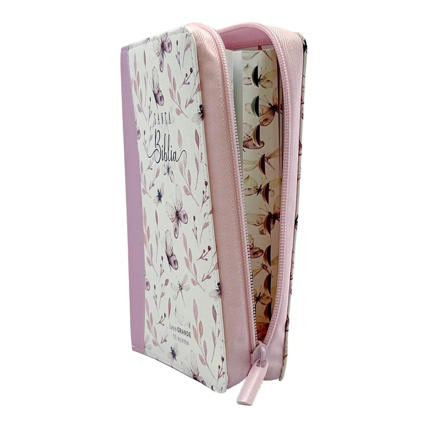 Biblia Reina Valera 1960 tamaño portátil Letra Grande 11 puntos Imitación Piel lila mariposas rosa. Con cierre e índice. Canto pintado. Colección Maravillas