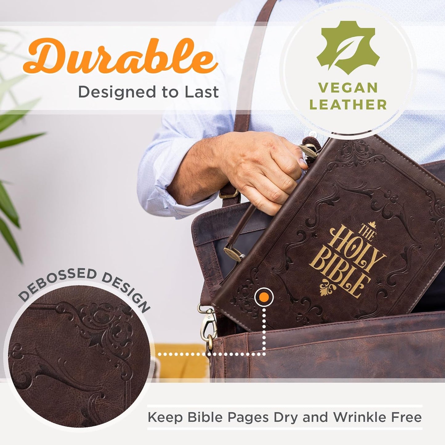 Funda clásica de cuero vegano para la Biblia para hombres y mujeres: Santa Biblia, asa de fácil transporte, con relieve, resistente con trabillas para bolígrafos