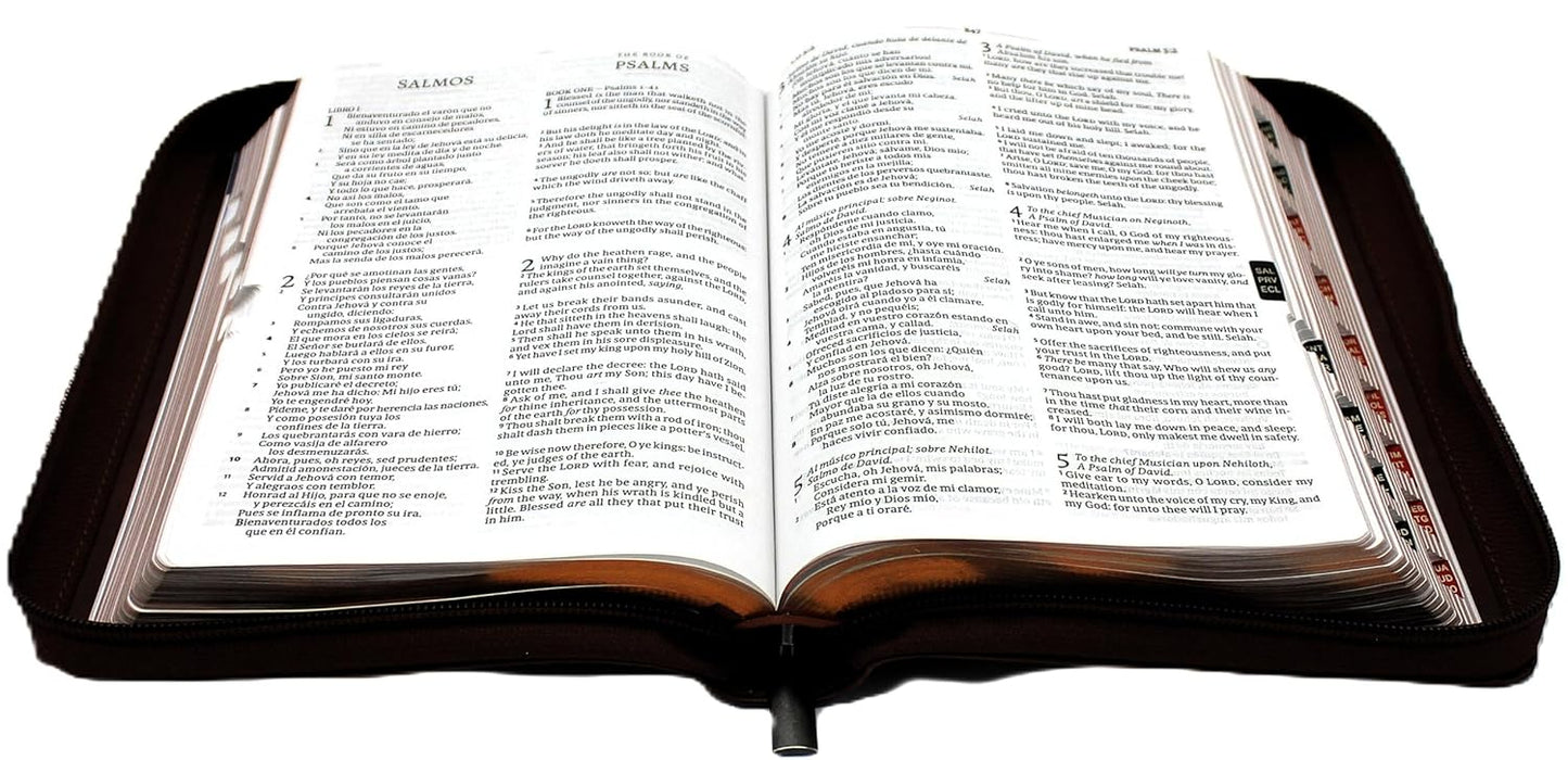 Biblia Bilingue Reina Valera 1960/ King James Version tamano Personal con Cierre, indice, color cafe senti cuero Lampara es a mis pies to palabra