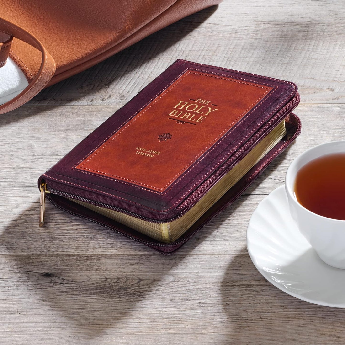 KJV Holy Bible, Compact Faux Leather Red Letter Edition - Ribbon Marker, King James Version, Burgundy/Saddle Tan, Zipper Closure (KJV Compact Bible)