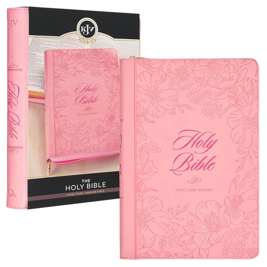 KJV Holy Bible, Thinline Large Print Faux Leather Red Letter Edition Thumb Index, Ribbon Marker, King James Version, Pink Debossed Floral Sunrise Pink, Zipper Closure