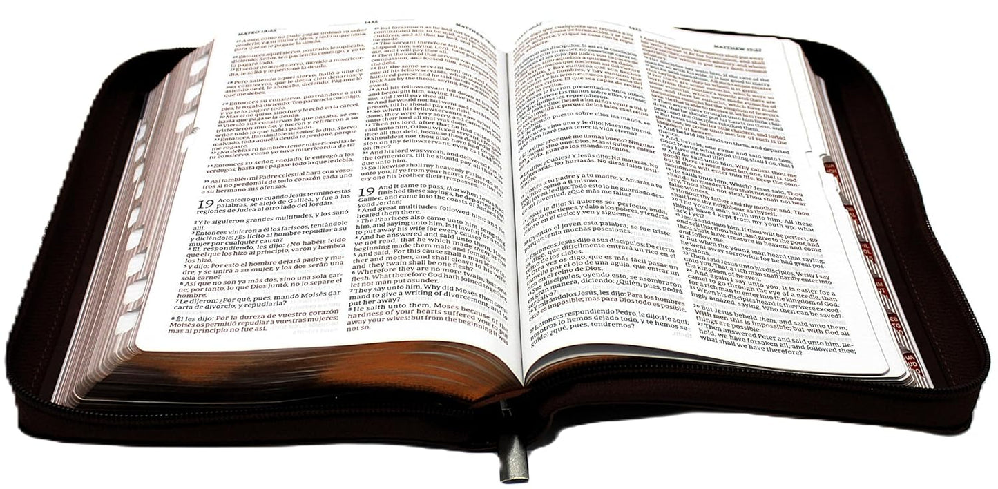 Biblia Bilingue Reina Valera 1960/ King James Version tamano Personal con Cierre, indice, color cafe senti cuero Lampara es a mis pies to palabra