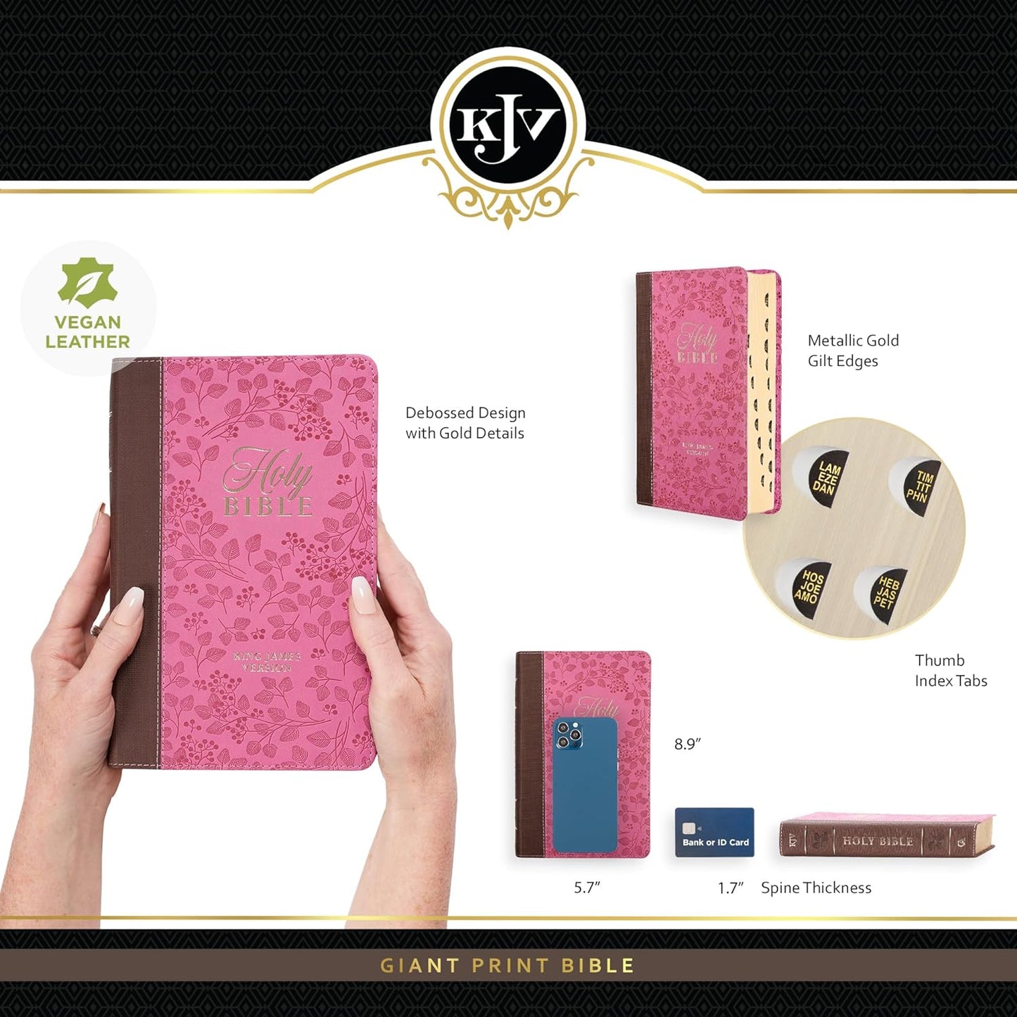 KJV Holy Bible, Giant Print Standard Size Faux Leather Red Letter Edition - Thumb Index & Ribbon Marker, King James Version, Brown/Pink Berry