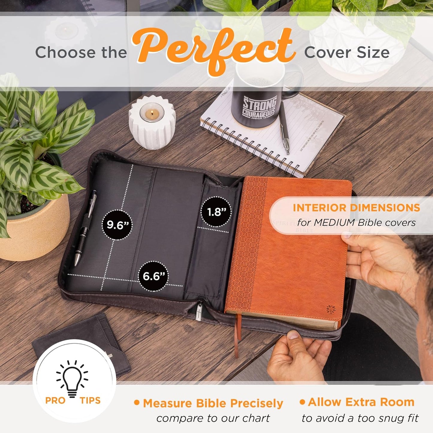 Funda clásica para la Biblia para hombre, Be Strong and Courageous, Joshua 1:9, piel sintética marrón, talla M