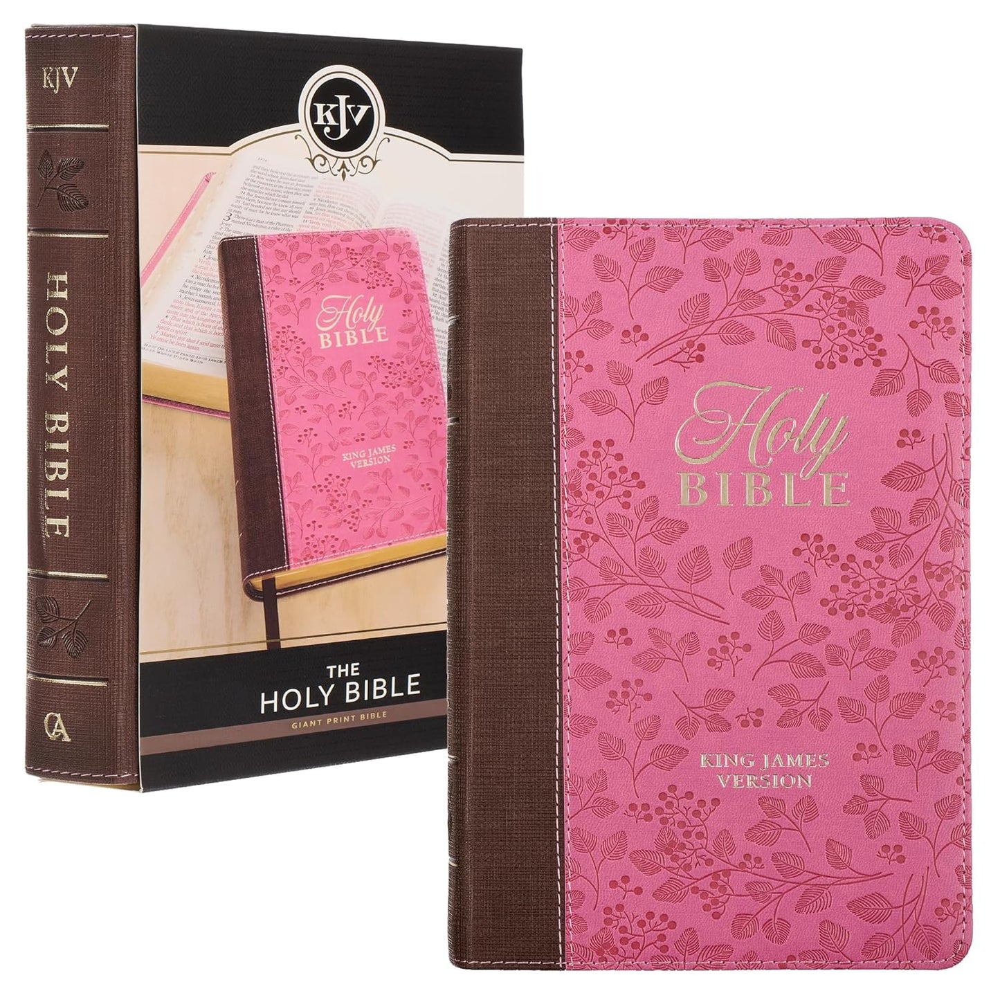 KJV Holy Bible, Giant Print Standard Size Faux Leather Red Letter Edition - Thumb Index & Ribbon Marker, King James Version, Brown/Pink Berry