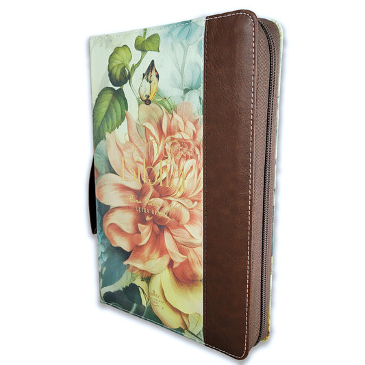 Biblia con Cierre Letra Grande 12 puntos para Mujer RV1960 imit piel marrón floral con índice, canto floral, y asa de mano