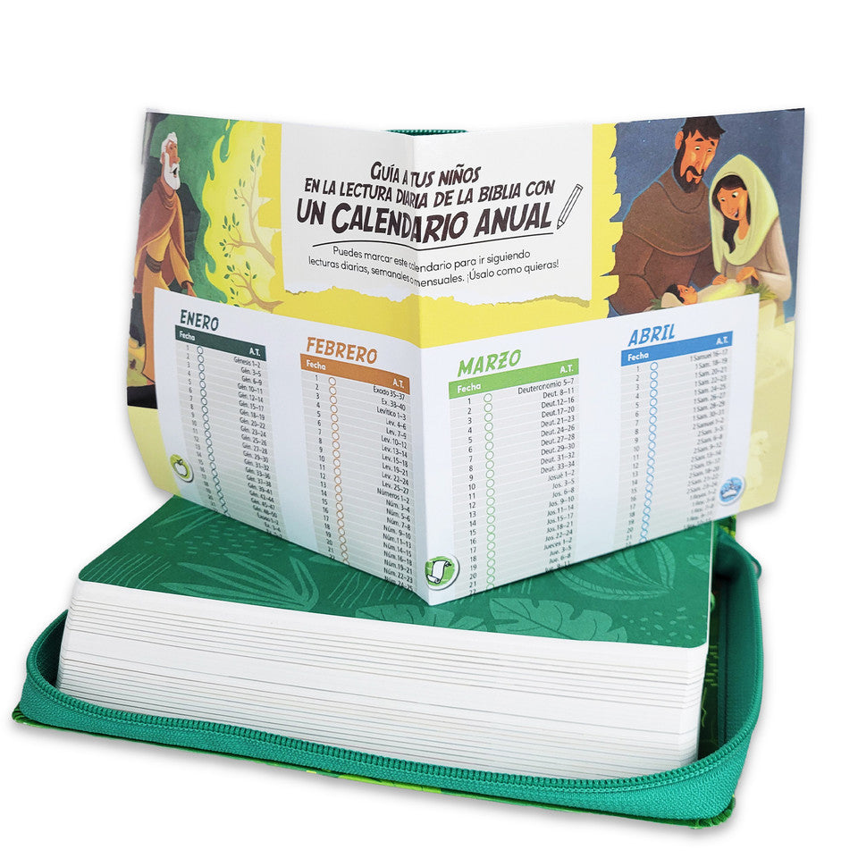 Biblia para Niños Letra Grande Interactiva con Cierre RV1960 tela verde
