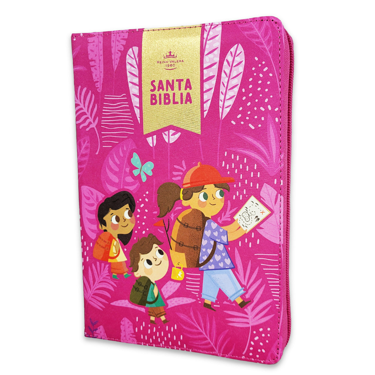 Biblia para Niñas Letra Grande Interactiva con Cierre RV1960 tela rosa