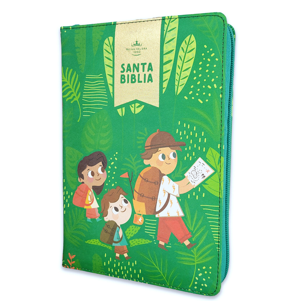 Biblia para Niños Letra Grande Interactiva con Cierre RV1960 tela verde