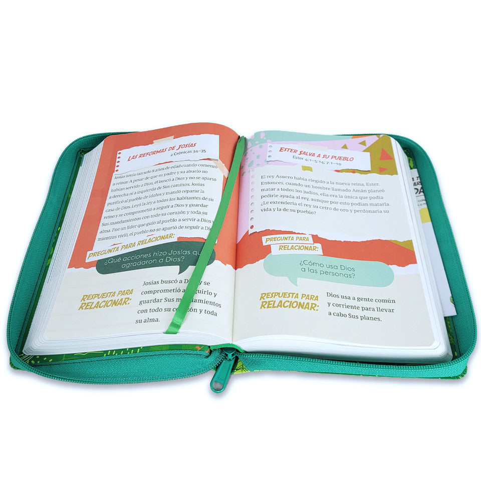 Biblia para Niños Letra Grande Interactiva con Cierre RV1960 tela verde
